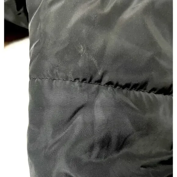 Bebe Long Black Puffer Coat Belted Gold Accents Womens L Double Zipper Hooded - Picture 16 of 16